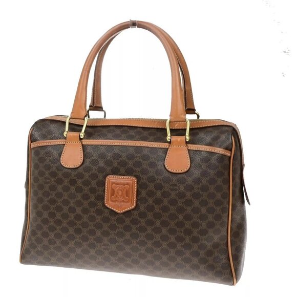 CELINE Logo Macadam Pattern Travel Hand Boston Bag PVC Leather Brown - Picture 1 of 16